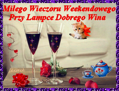Lampki wina z rudym kotkiem miłego wieczoru